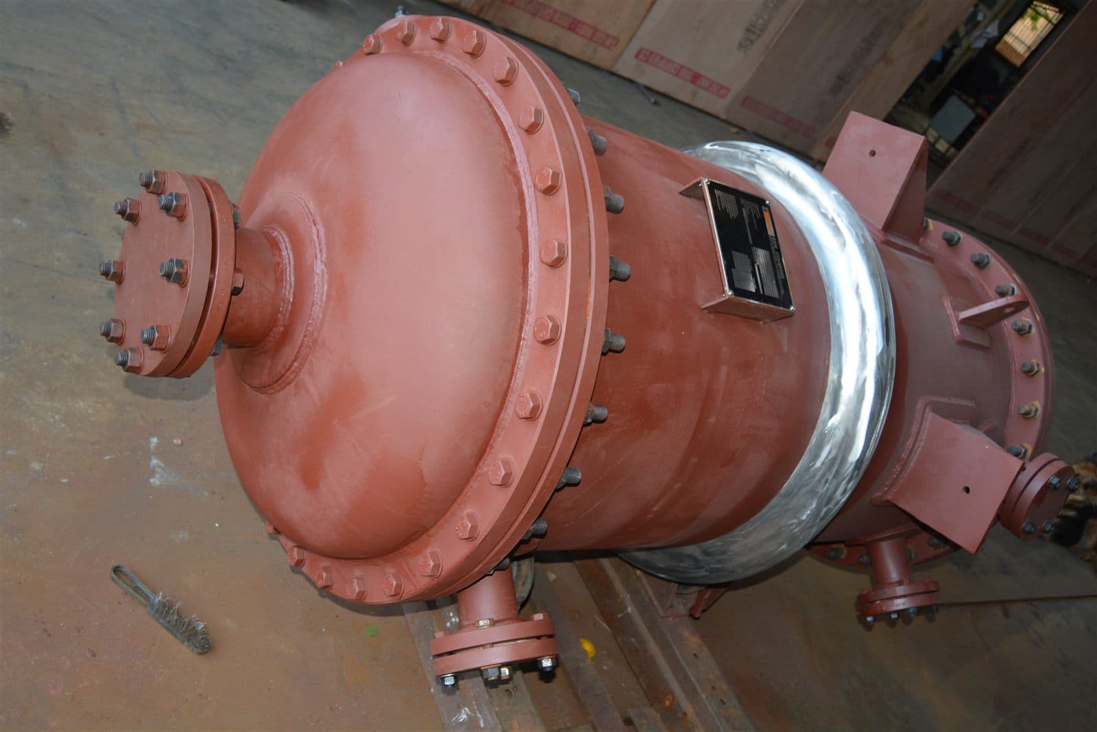 Welded industrial heat exchanger shell during assembly