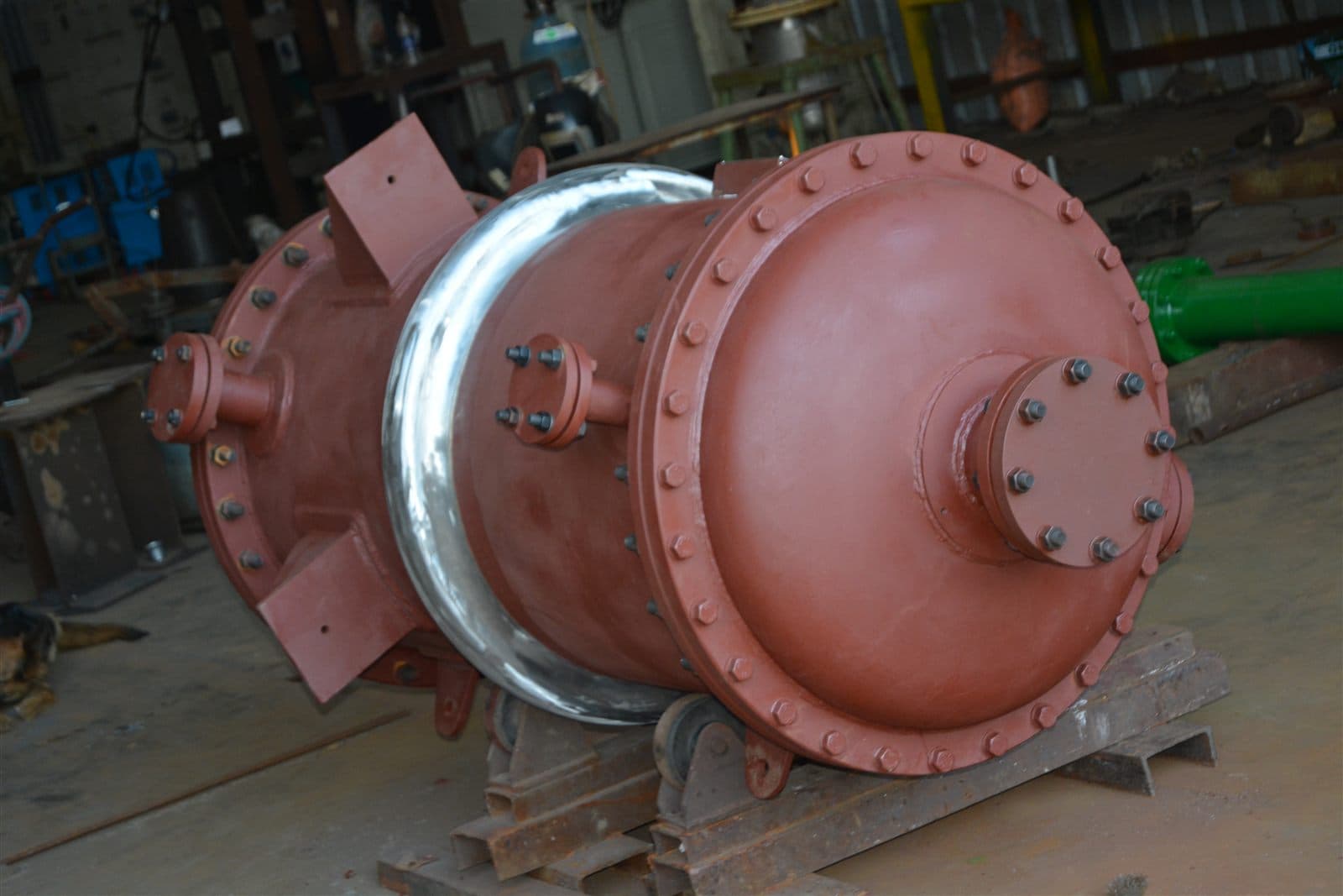 Channel end flange detail on shell and tube heat exchanger during assembly