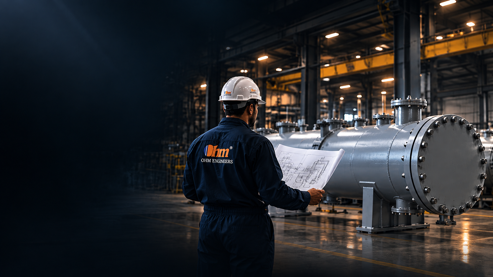 Engineer reviewing drawings beside process equipment at Ohm Engineers